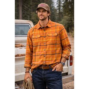 IRON & RESIN Orange Flannel Plaid Button Up Shirt Top  Mens Size XL